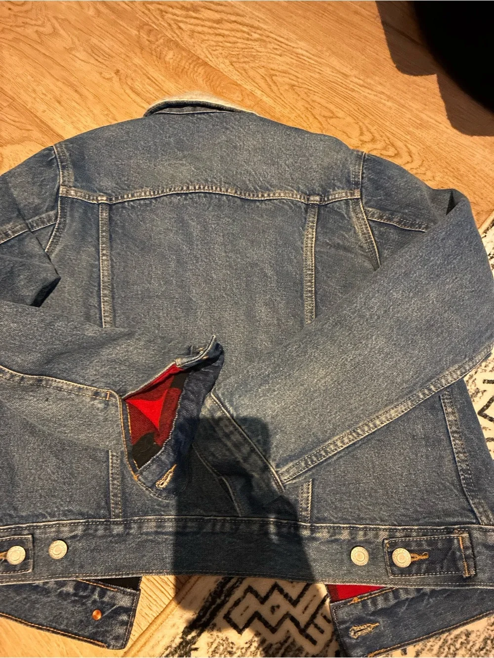 Old Navy Blue Denim Jacket with Cream Sherpa Collar and Red Plaid Lining